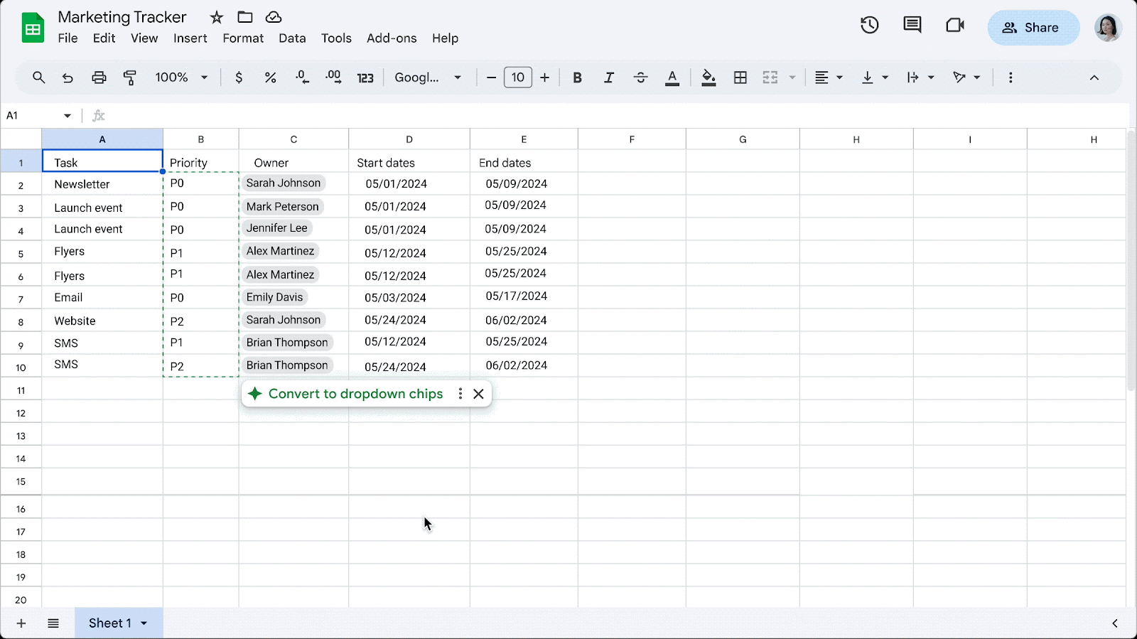 Easily convert data to dropdown chips in Google Sheets (1)