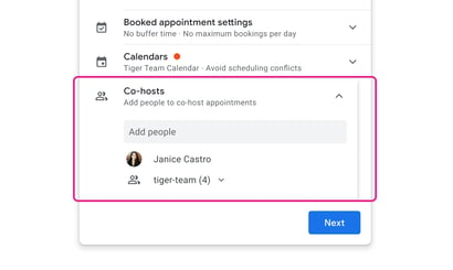 the appointment schedule creator can now add Google Groups as co-hosts